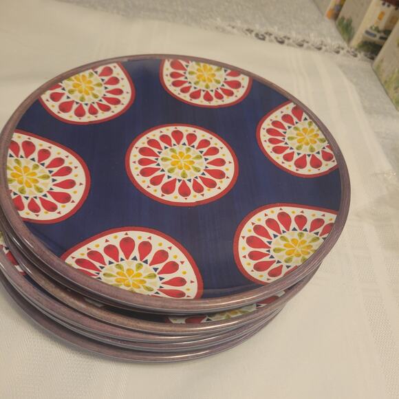 Set of 8 Retro Boho Melamine Salad Plates 8.75 Red Medallion Kid-Proof Outdoor - Picture 7 of 7